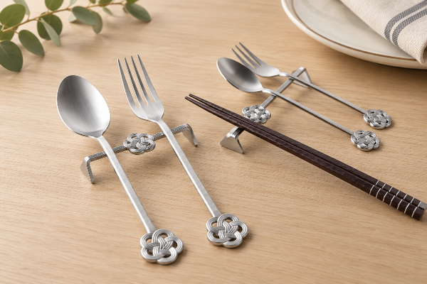 Silver dessert fork, dessert spoon, cake fork and teaspoon set inspired by mizuhiki plum knot