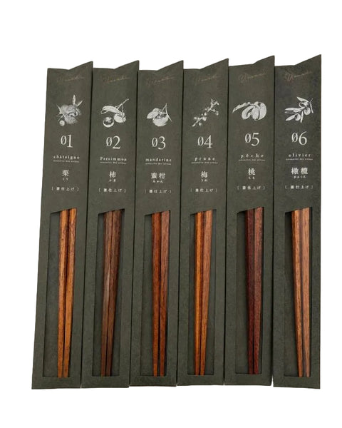 Pair of Japanese natural wood chopsticks in fruit-illustrated gift packaging