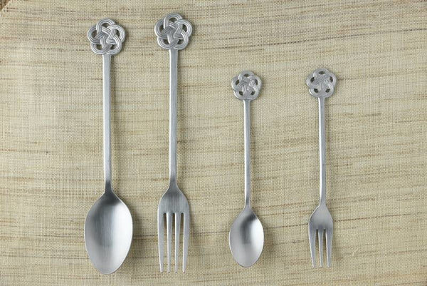 Silver dessert fork, dessert spoon, cake fork and teaspoon set inspired by mizuhiki plum knot