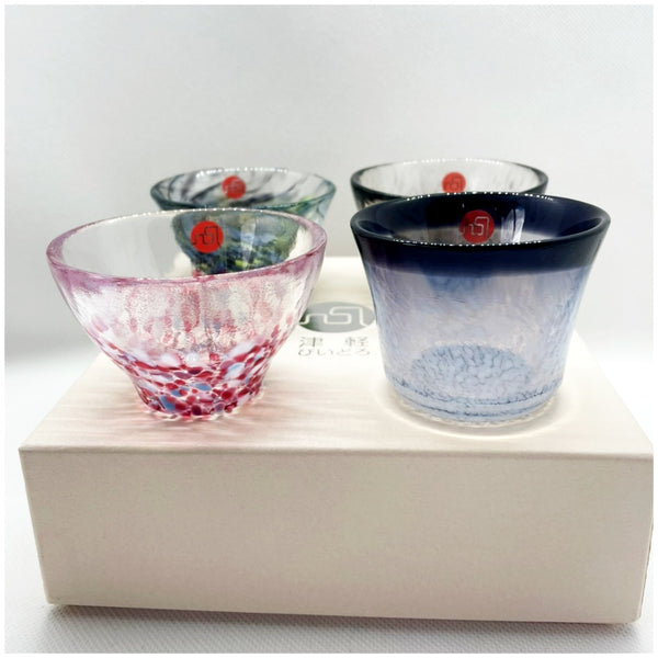 Set of four Aomori no Sakana glass sake cups: Madai, Maguro, Masaba and Hirame