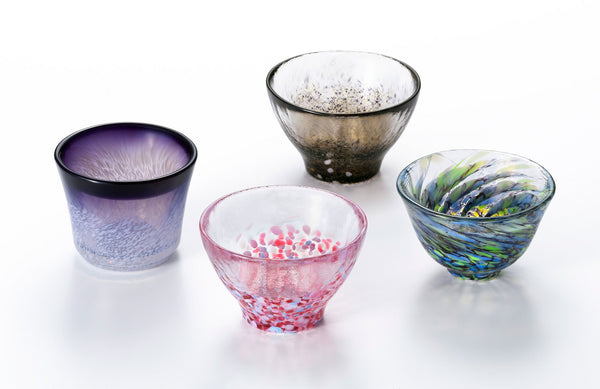 Set of four Aomori no Sakana glass sake cups: Madai, Maguro, Masaba and Hirame
